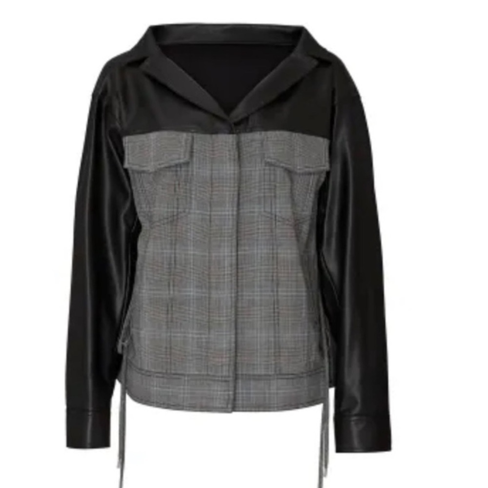 ADEAM Oversized Ruched Jacket Gray Plaid with faux Leather Sleeves